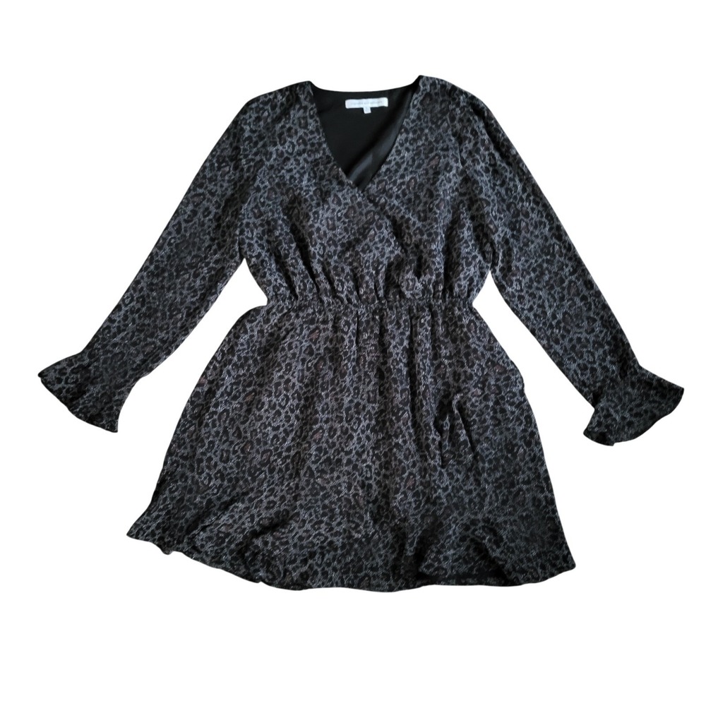 Cupcakes and Cashmere Black Leopard Print Ruffle Mini Dress Large Long Sleeve